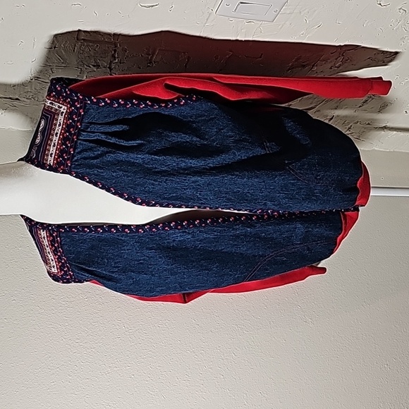 Vintage Patchwork Quilt Denim Jacket Coat Red Long Sleeve XL Pocket Boho Western - Picture 3 of 15